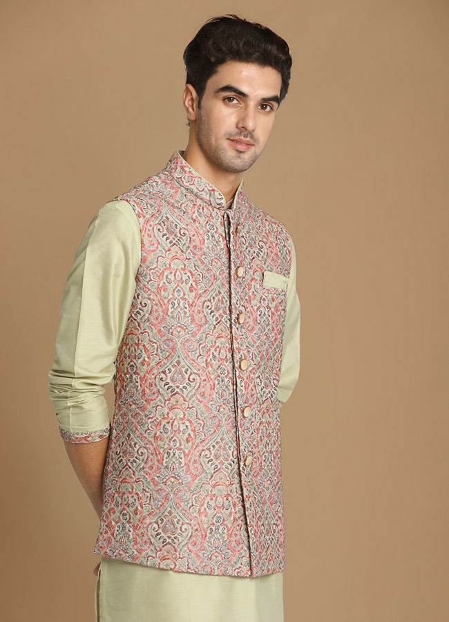 alt message - Manyavar Men Multicolored Jacket With Lime Green Kurta Set image number 0